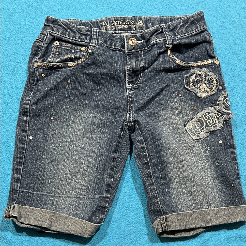 total girl Dark Blue Denim Embellished Knee-Length Shorts